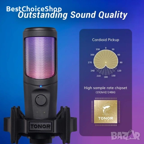 TONOR PC комплект USB кондензаторен микрофон 192 kHz/24 бита​, професионален със стойка​, снимка 9 - Микрофони - 53615241