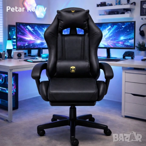 Премиум геймърски стол с масажна функция, поставка за крака и ергономична метална рамка, PU кожа, Че