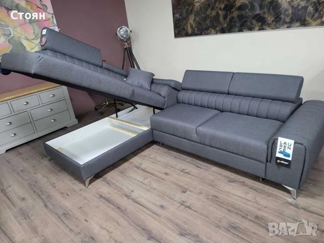Сив ъглов диван от плат с функция сън и ракла, снимка 4 - Дивани и мека мебел - 46474766