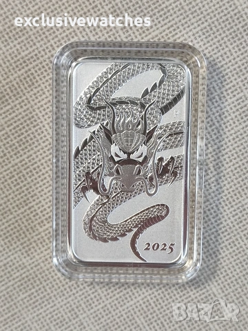 Една тройунция 999.9 чисто сребро Правоъгълна Сребърна Монета Дракон Австралия 2025