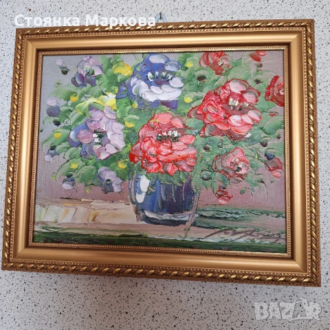 Рисувана картина ваза с цветя върху плат