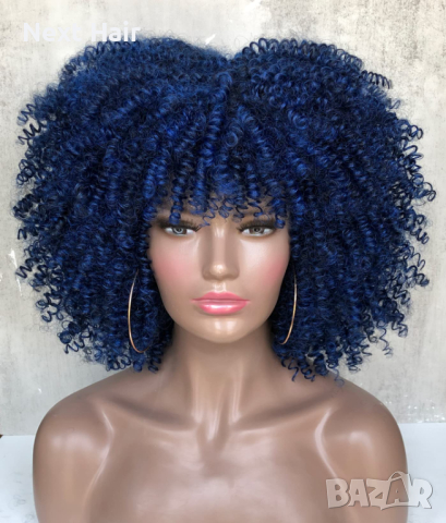 Къса омбре афро къдрава синя перука с черни корени, снимка 3 - Аксесоари за коса - 44937265