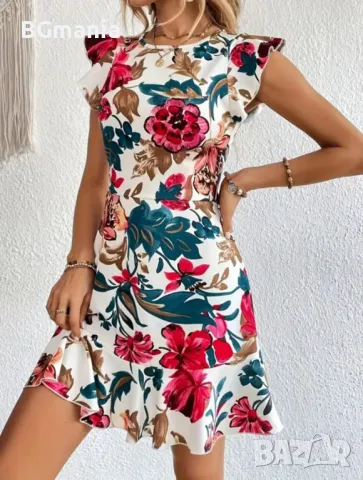 Еластична свободна рокля в бяло на цветя с паднал ръкав размер Л, снимка 6 - Рокли - 50042127