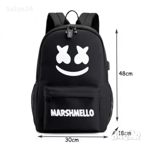 Светеща ученическа раница Marshmello с USB и AUX преходници, снимка 3 - Раници - 52213391
