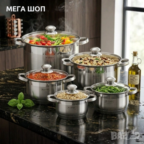 Комплект тенджери от неръждаема стомана , 10 части, Индукция, Многослойно дъно, Капаци от закалено с