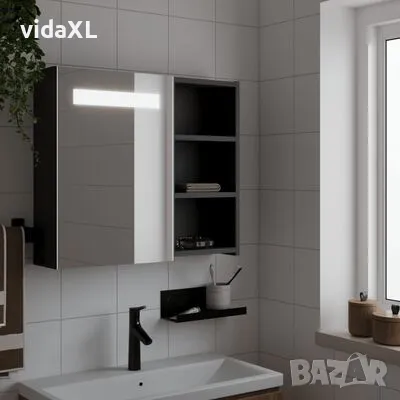 vidaXL Огледален шкаф за баня с LED осветление черен 60x13x52 см（SKU:357971）, снимка 3 - Шкафове - 48996352