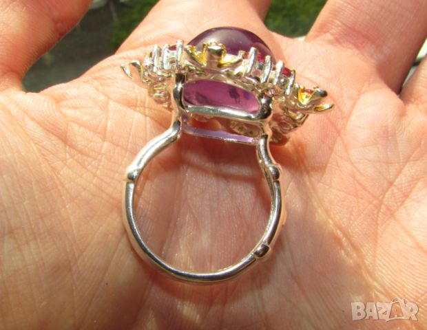 925 сребърен пръстен с аметист 14 карата, размер 19x16мм, общо тегло 14гр., снимка 4 - Пръстени - 46295743