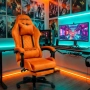 Оранжев велурен геймърски стол с поставка за крака – ергономичен, метална рамка, снимка 4
