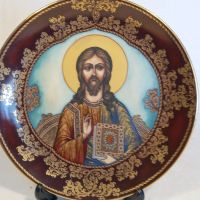 Руска порцеланова декоративна чиния Исус Христос с позлата , снимка 1 - Декорация за дома - 45383317