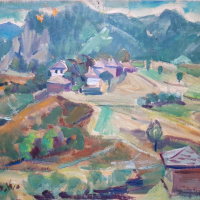 Вера Къдринова 1904 - 1986 Родопски къщи пейзаж маслени бои, снимка 2 - Картини - 44950399