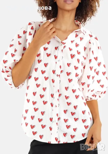 Нова памучна памук риза кукленска елегантна бяла блуза сърца сърце буфан ръкав Sisters point , снимка 1