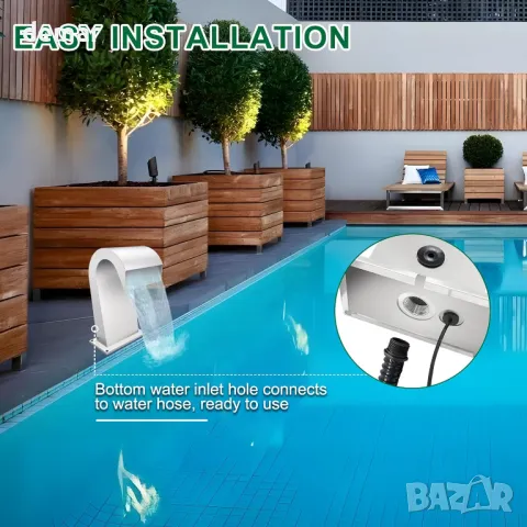 LONGRUNNEW Водопад преливник от неръждаема стомана фонтан за басейн извит с аксесоари, 42,5 см, снимка 5 - Басейни и аксесоари - 49860483