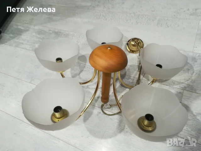 Полилей 5 крушки-дърво,стъкло и метал/Австрия , снимка 12 - Полилеи - 50731985