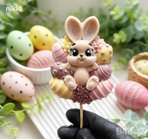 Заек зайче върху яйца Великденски близалки силиконов молд форма фондан шоколад смола cake pops кейк, снимка 2 - Форми - 54060181