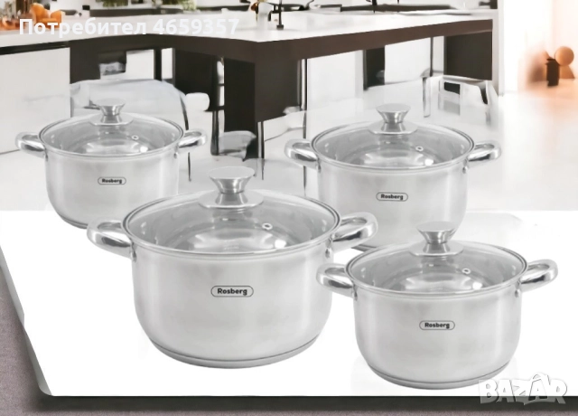 Комплект тенджери Rosberg 16/18/20/24см. - 1.8/2.5/3.4/5.8л., Неръжд. стомана, снимка 3 - Съдове за готвене - 52672024