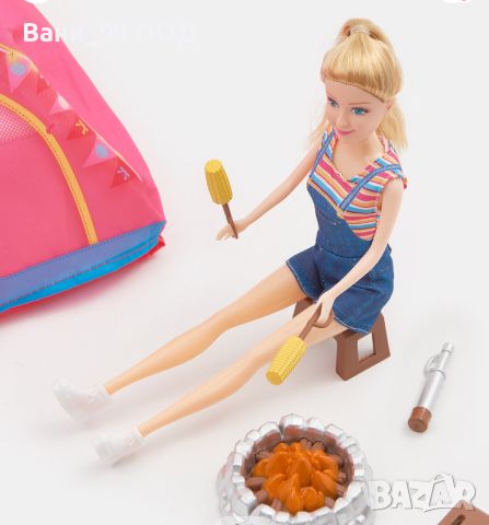 Комплект кукла Барби с палатка, спален чувал и др, снимка 2 - Кукли - 45873928
