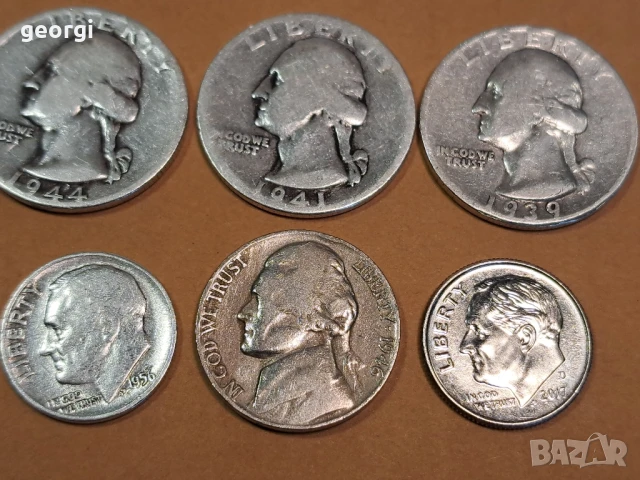 6 американски сребърни монети 5 цента, 10 цента, четвърт долар, снимка 3 - Нумизматика и бонистика - 50493033
