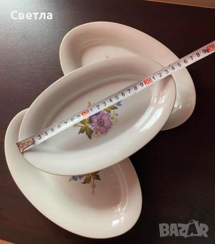 Чинии порцеланови, елипсовидни, 12 бр. за € 24, с р-ри 23/15см Качествен,дебел порцелан,Златен кант