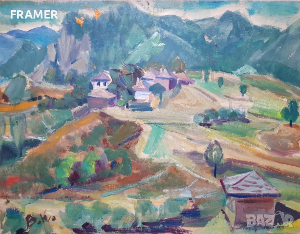Вера Къдринова 1904 - 1986 Родопски къщи пейзаж маслени бои, снимка 2 - Картини - 44950399