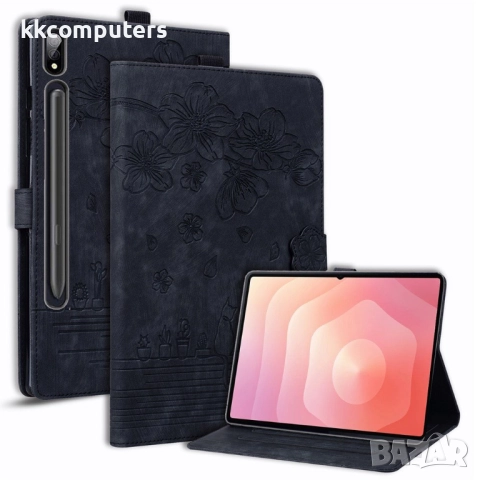 Samsung Galaxy Tab S11 Ultra-Кожен калъф с Протектор, Дизайн Цветя & Котка, Стойка и Държач за писал, снимка 5 - Калъфи, кейсове - 52088632
