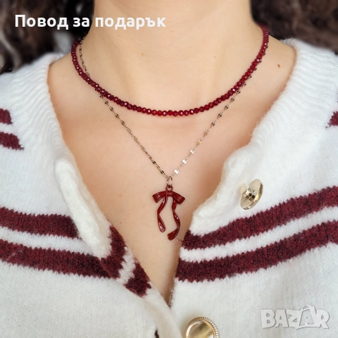 Сет от две колиета с панделка в бордо, снимка 7 - Колиета, медальони, синджири - 52536741