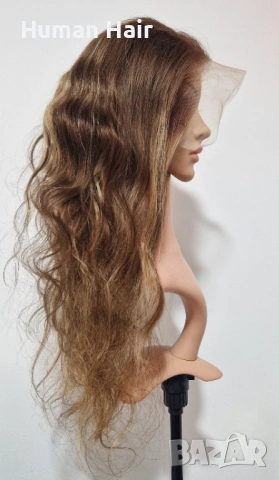 Естествена чуплива перука от бразилска коса 70-75 см - Lace Front 13x6, кафява с руси кичури, снимка 2 - Аксесоари за коса - 53375308