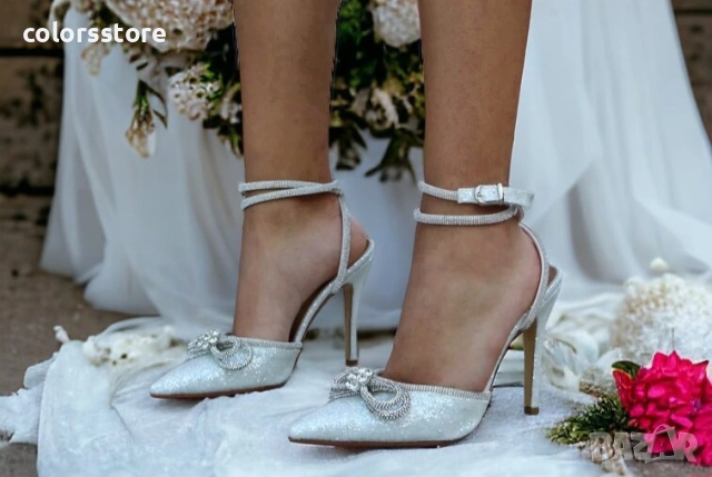 Сандали на ток - бял брокат - BY22