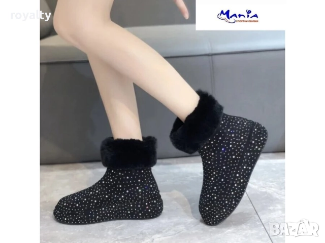 Черни дамски боти с пух и камъни, снимка 2 - Дамски боти - 52140972