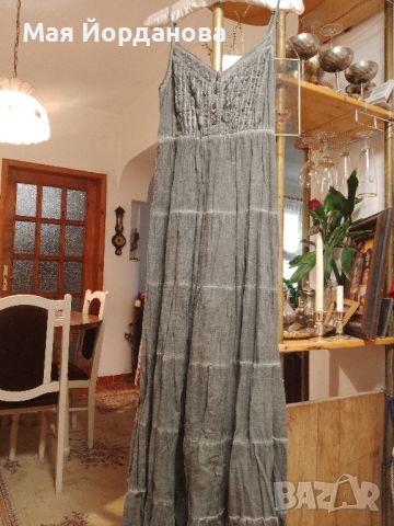  Дълга ленена рокля, имитираща ефекта на дънкова, сива, номер М. Цена 12 лв., снимка 2 - Рокли - 45776906