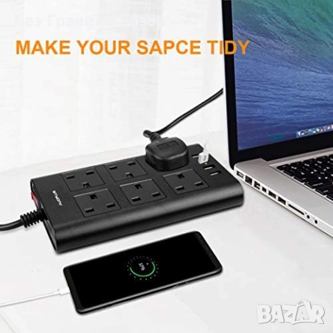 Нов UK Мултиразклонител 6 AC + 4 USB, защита от пренапрежение, 2 мeтра кабел, снимка 7 - Друга електроника - 52464188