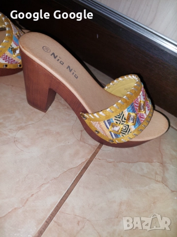 дамски чехли Nio Nio с дървен ток и бродирана каишка