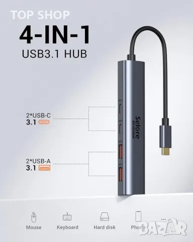 10Gbps USB C хъб, USB C към USB C/A, 4 порта (НЕ поддържа зареждане и монитор), снимка 2 - Кабели и адаптери - 49457545