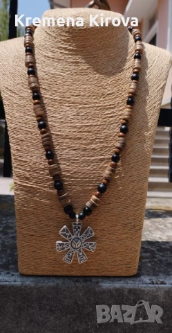 Мъжко колие с Розетата от Плиска, оникс и кокос. Бижута Луди гъби. Ръчна изработка.