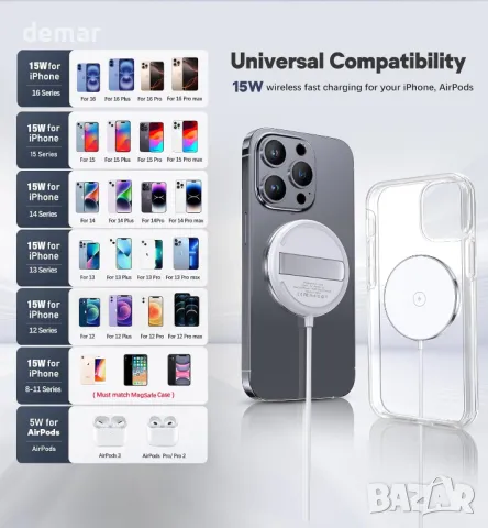 Комплект от 2 магнитни безжични зарядни устройства 15W Fast Mag-Safe със сгъваеми стойки, снимка 8 - Аксесоари за Apple - 50399307