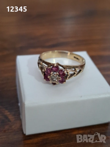 Старинен златен пръстен с диамант и рубини, снимка 2 - Пръстени - 54075674