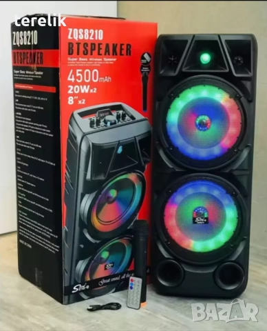% Нова ZQS 8210 2х8 120W 6500mah 2 микрофона ПРЕНОСИМА КАРАОКЕ КОЛОНА От вносител 12 месеца гаранци, снимка 7 - Тонколони - 53165284