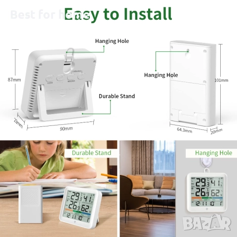 VOCOO Термометър  вътрешен и външен, хигрометър  с 1 дистанционен сензор, снимка 3 - Друга електроника - 51835358