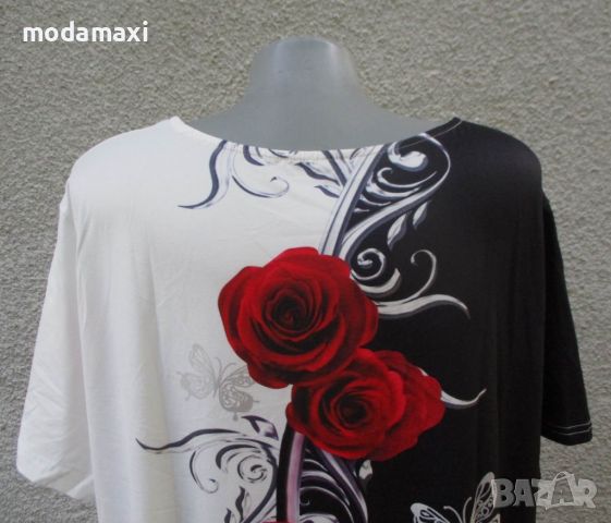 4XL /5XL Нова черно-бяла блуза с рози , снимка 6 - Туники - 46701243