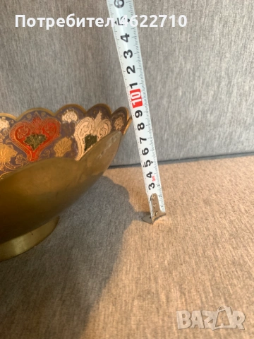 Месингова  емайлирана купа с паун , снимка 5 - Антикварни и старинни предмети - 53584253