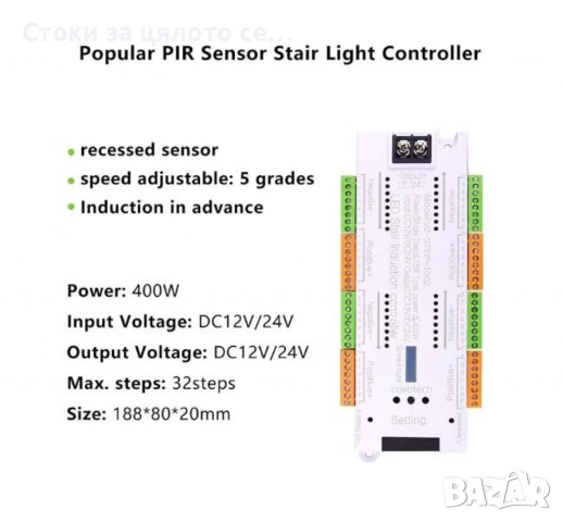 Интелигентен LED контролер със сензор за движение за стълби, 32 канала, 12/24V, снимка 4 - Лед осветление - 53777718