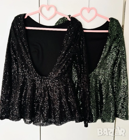 Разпродажба дамски топ блуза с пайети дълъг ръкав пайетен пайетена с гол гръб черен зелен официална, снимка 2 - Корсети, бюстиета, топове - 52881503