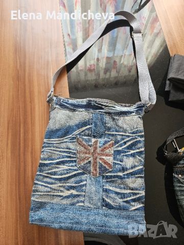 Дънкова чанта с дълга дръжка и английското знаме от пайети, снимка 1 - Чанти - 46246278