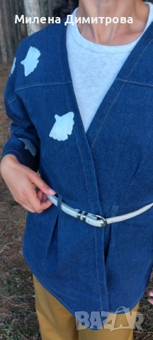 Дамско кимоно от рециклиран деним и рисувана Гинко Билоба , снимка 3 - Сака - 48851511