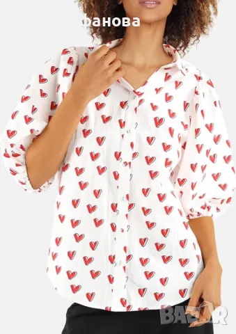 Нова памучна памук риза кукленска елегантна бяла блуза сърца сърце буфан ръкав Sisters point 