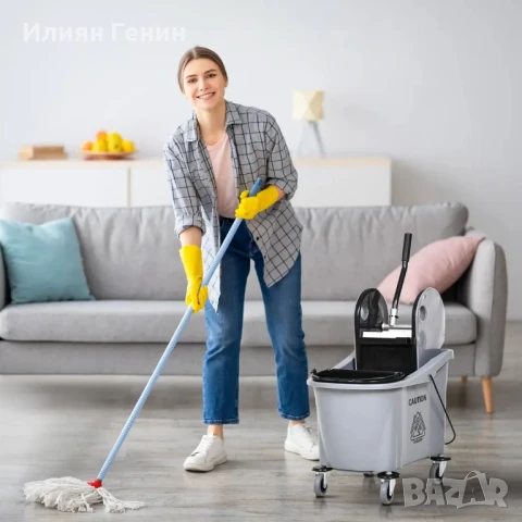 Количка за моп HOMCOM с преса за моп, 36 л, разделител за вода, 4 колела, черна/сива , снимка 9 - Мопове, кофи, четки и метли - 50511229