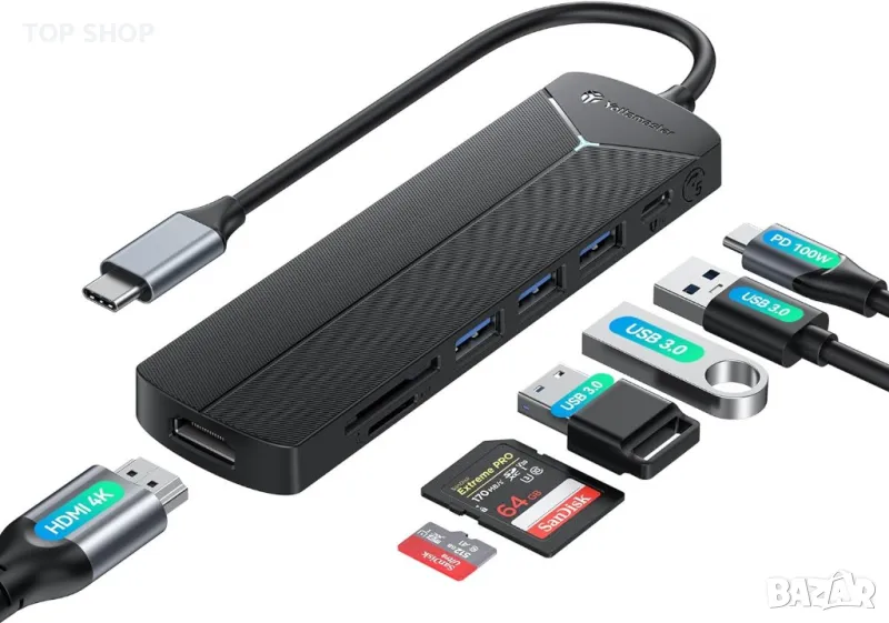 Yottamaster 7-в-1 USB C хъб, 4K HDMI, 5Gbps USB-Aх3, 100W PD USB-C, снимка 1