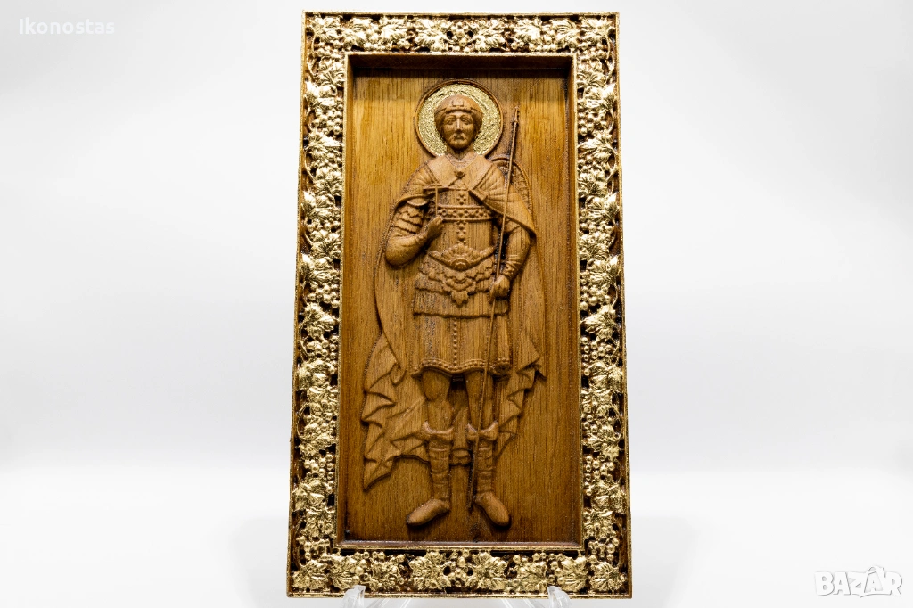 Позлатена дървена релефна икона на Свети Димитър, снимка 1
