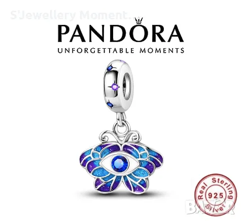 Сребърен талисман 925  Pandora Butterfly Evil Eye, снимка 1