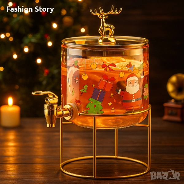 Стъклен диспенсър за напитки 2.6 L с коледен дизайн и златиста стойка, снимка 1