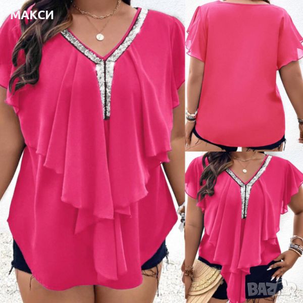 Красива елегантна ефирна блуза с красиви кантове сребристи пайети в бонбонено розово, снимка 1